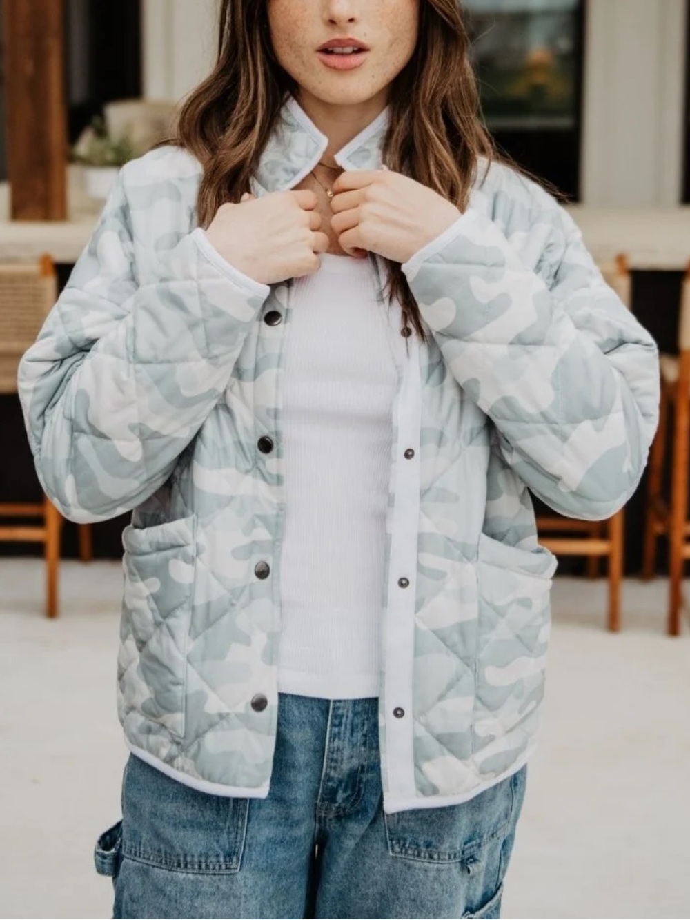 Katydid Sage & White Camo Quilted Snap Jacket